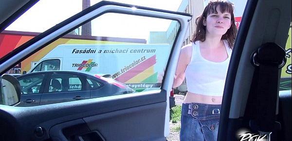  Povbitch Redhead fucked hard in car with stranger